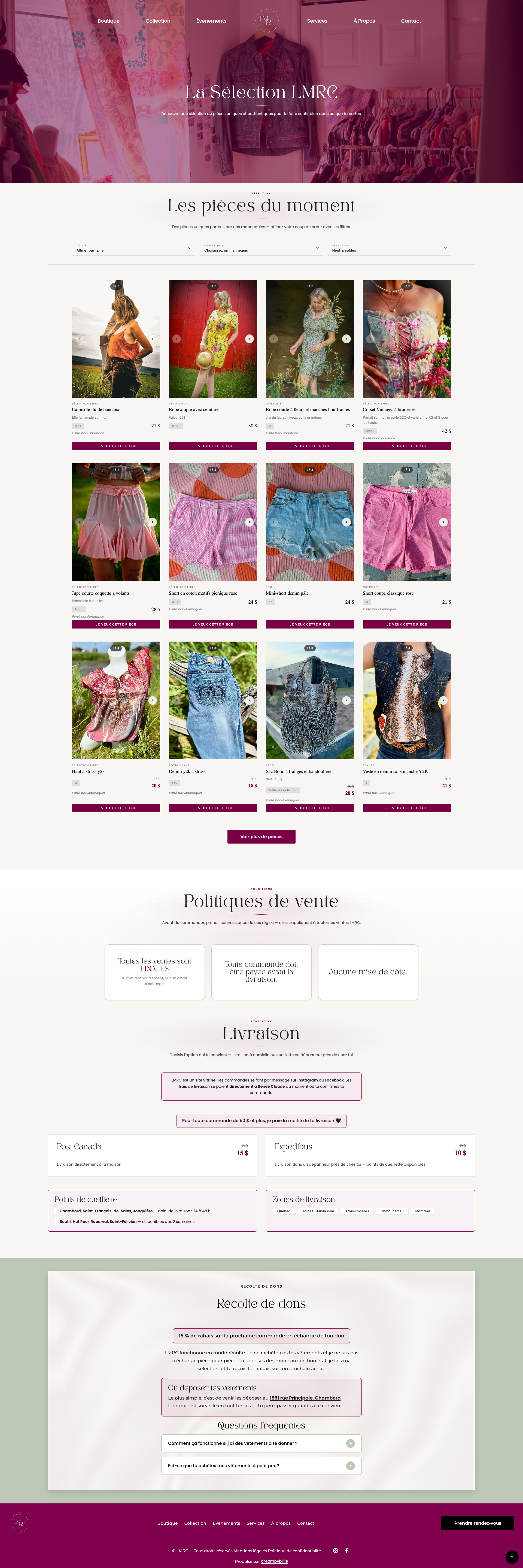Page catalogue de la Friperie LMRC