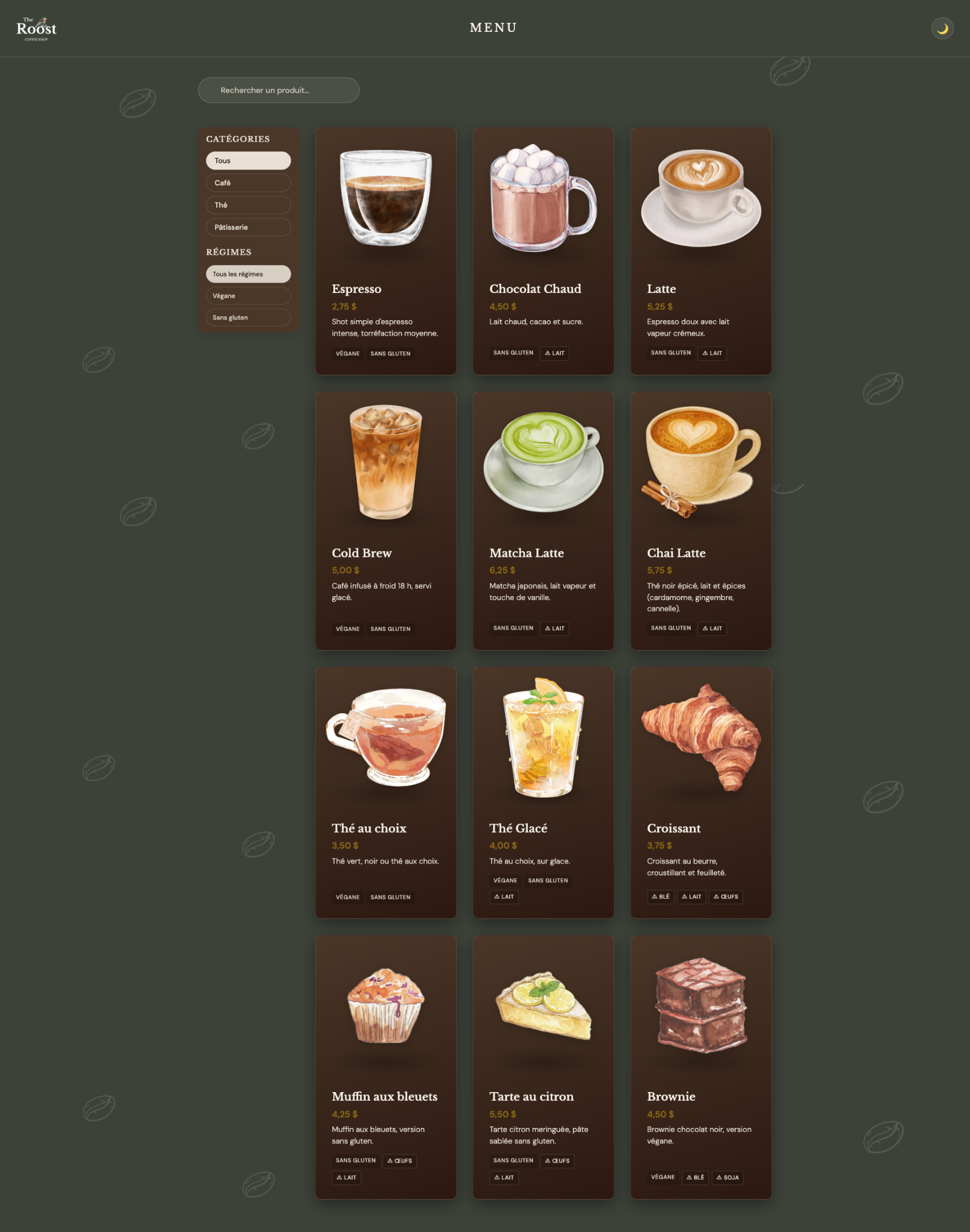 Page menu de The Roost